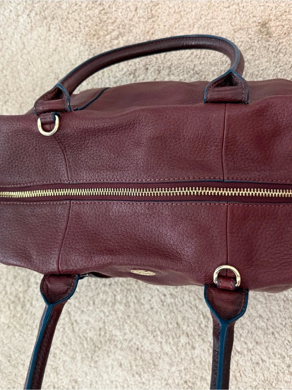 Tory Burch Wine Pebbled Leather Satchel with Gold Logo